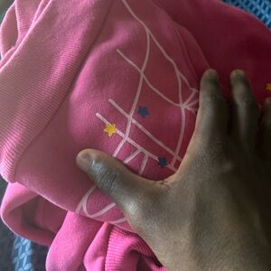 Pink sp5der hoodie with a lot of colors yellow blue